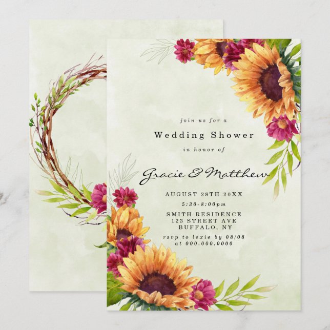 Sunflowers Pink Floral Wedding Shower Invitations (Front/Back)