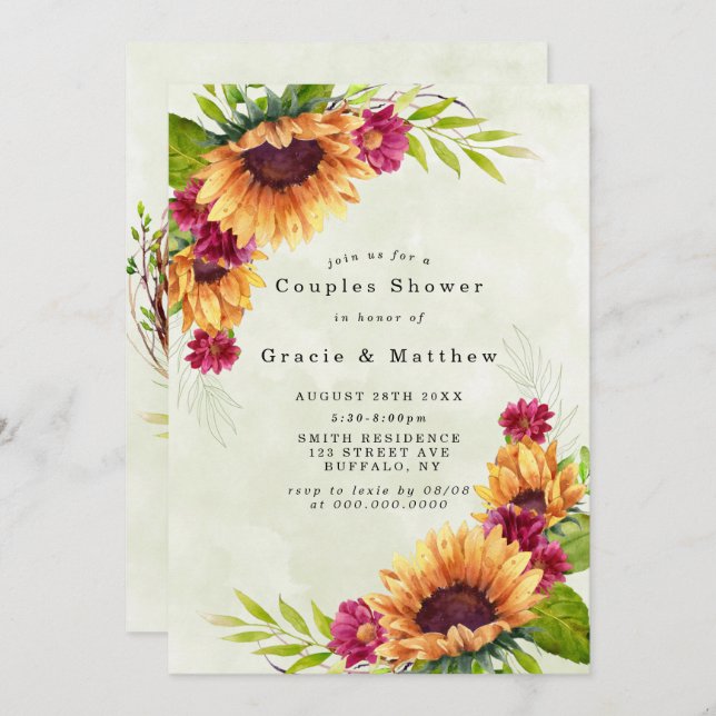 Sunflowers Pink Florals Couples Shower Invitations (Front/Back)