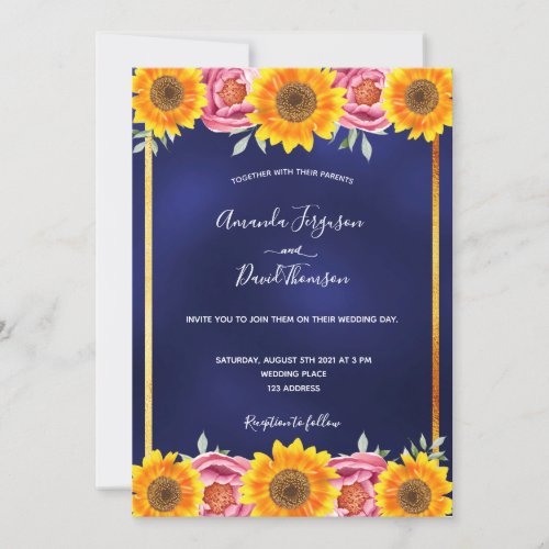 Sunflowers pink florals navy blue wedding invitation