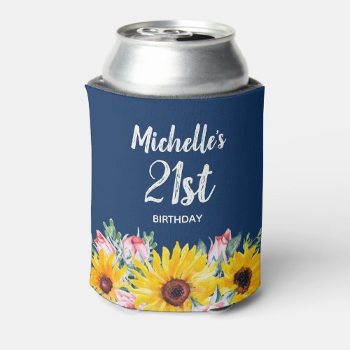 Sunflowers Pink Roses Navy Blue 21st Birthday   Can Cooler