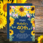 Sunflowers Pink Roses Navy Blue 40th Birthday Invitation<br><div class="desc">Brightly colored yellow sunflowers and pink roses on navy blue 40th birthday party invitation for women. Text is customizable for any age or springtime or summer event you might be planning. Nice for a birthday picnic or backyard party. Contact me if I can help you with customization or if you...</div>