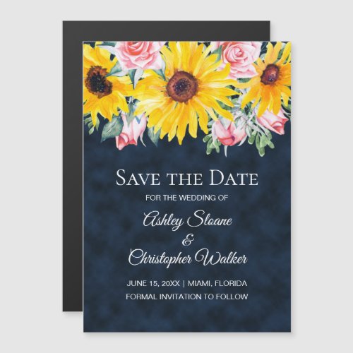Sunflowers Pink Roses Navy Blue Wedding Save Date