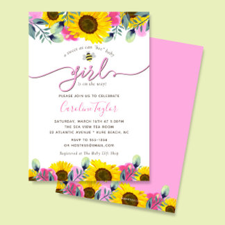Sunflowers Pink Roses Sweet Bee Girl Baby Shower Invitation