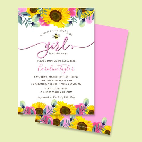 Sunflowers Pink Roses Sweet Bee Girl Baby Shower Invitation