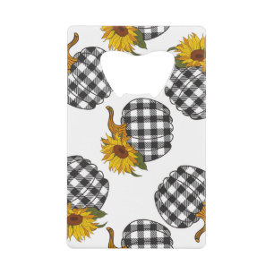 Sunflowers, plaid pumpkin, farmhouse decor credit card bottle opener