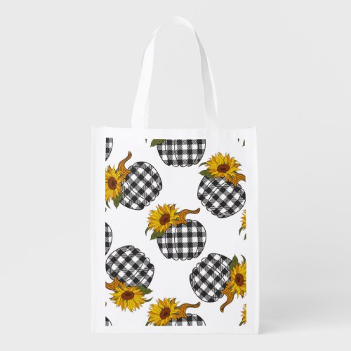 Sunflowers plaid pumpkin farmhouse decor grocery bag