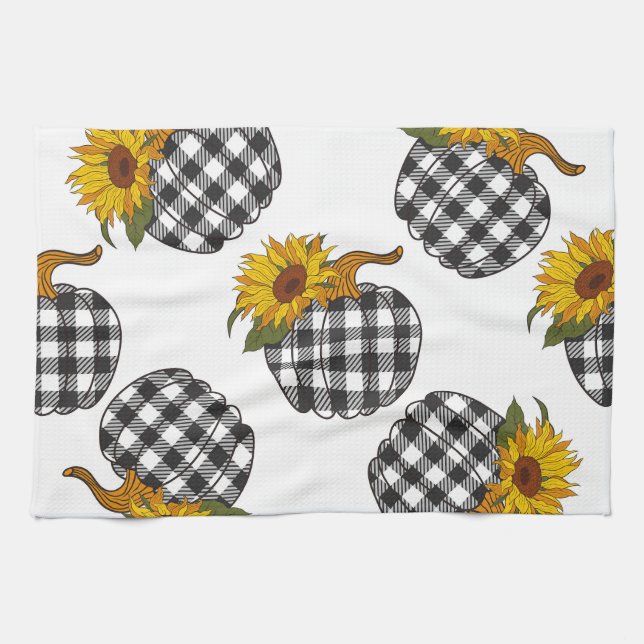 Sunflowers, plaid pumpkin, farmhouse decor kitchen towel (Horizontal)