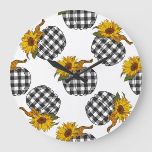 Sunflowers, plaid pumpkin, farmhouse decor large clock