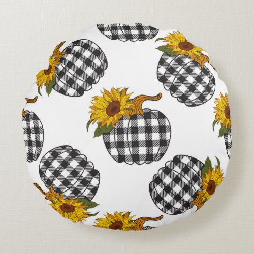 Sunflowers plaid pumpkin farmhouse decor round pillow