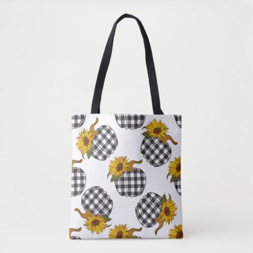 Sunflowers plaid pumpkin farmhouse decor tote bag