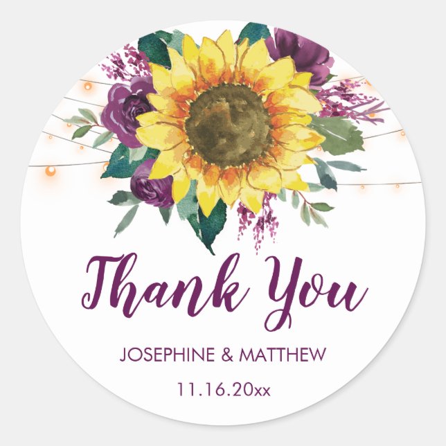 Sunflowers Plum Purple Lights Floral Thank You Classic Round Sticker (Front)
