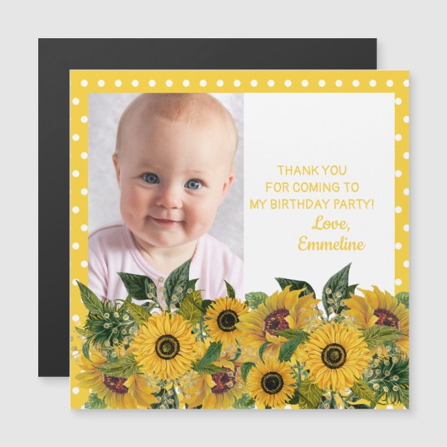 Sunflowers Polka Dots Child Birthday Thank You Magnetic Invitation (Front/Back)