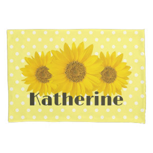 Sunflowers Polka Dots Custom Name Yellow Pillow Case