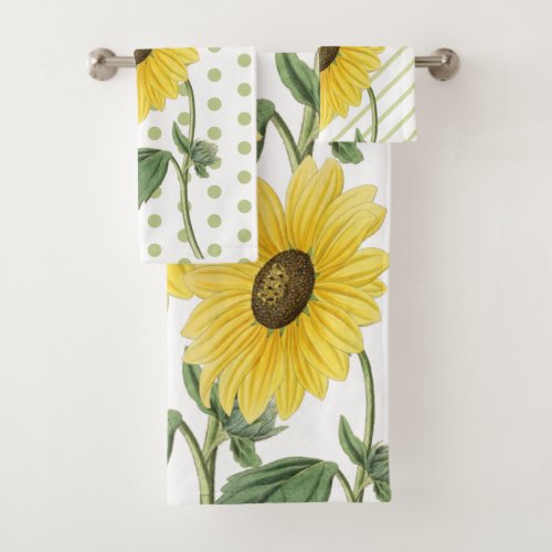 Sunflowers Polkadots Stripes Yellow Green White Bath Towel Set