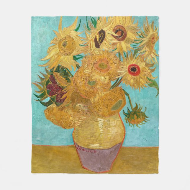 Sunflowers, Post Impressionist Still Life Painting Fleece Blanket (Front)