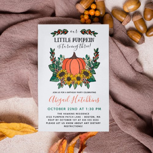 Sunflowers  Pumpkin Autumn Toddler Birthday Party Invitation