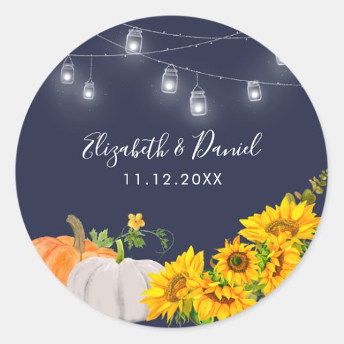 Sunflowers Pumpkin String Light Rustic Wedding Classic Round Sticker