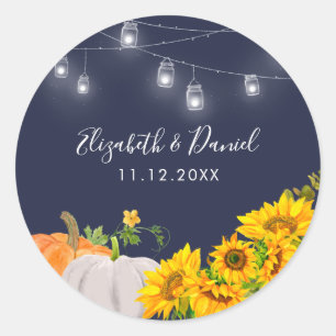 Sunflowers Pumpkin String Light Rustic Wedding Classic Round Sticker