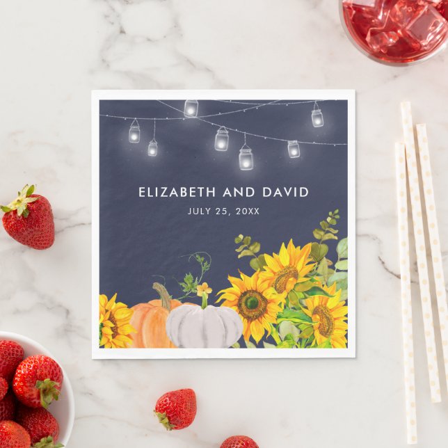 Sunflowers Pumpkin String Lights Rustic Wedding Napkins (Insitu)