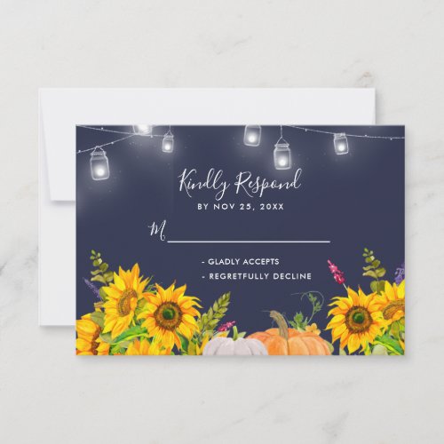 Sunflowers Pumpkin String Lights Rustic Wedding RSVP Card