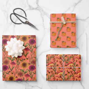 Sunflowers, Pumpkins, and Mushrooms on Coral Pink Wrapping Paper Sheets