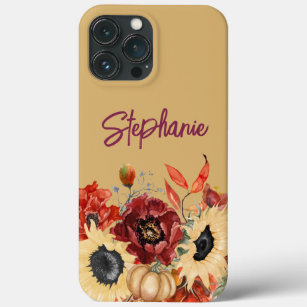 Sunflowers Pumpkins Burgundy Fall Floral Name iPhone 13 Pro Max Case
