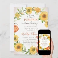 Fall Sunflowers Little Pumpkin Baby Shower Invitations