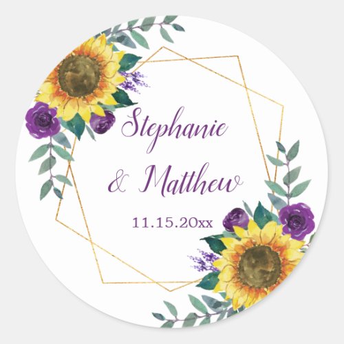 Sunflowers Purple Floral Geometric Wedding Classic Round Sticker