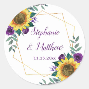 Sunflowers Purple Floral Geometric Wedding Classic Round Sticker