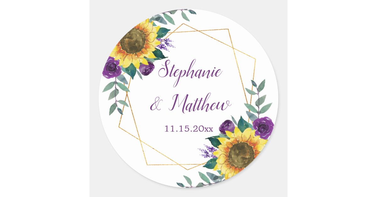 Sunflowers Purple Floral Geometric Wedding Classic Round Sticker | Zazzle