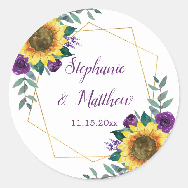 Sunflowers Purple Floral Geometric Wedding Classic Round Sticker | Zazzle