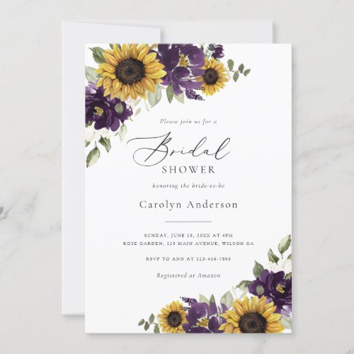 Sunflowers Purple Floral Rustic Bridal Shower Invitation