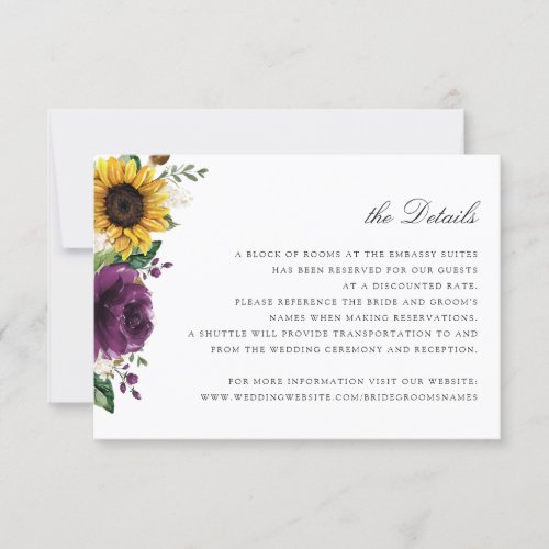 Sunflowers Purple Floral Wedding Details Card