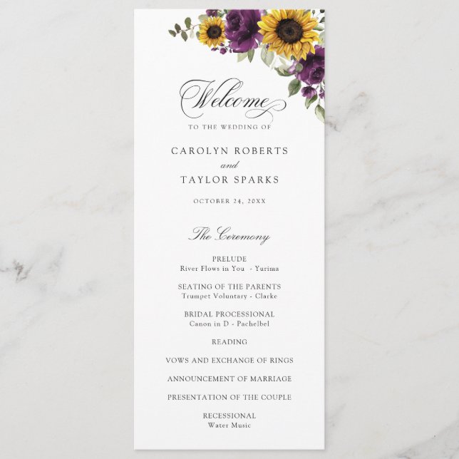 Sunflowers Purple Greenery Floral Rustic Wedding Program (Front)