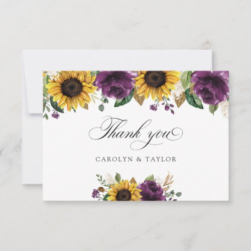 Sunflowers Purple Greenery Floral Rustic Wedding Thank You Card