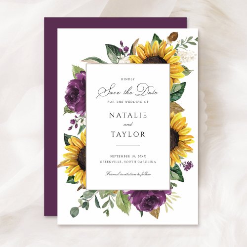 Sunflowers Purple Greenery Rustic Save the Date Invitation