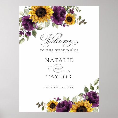 Sunflowers Purple Greenery Wedding Welcome Sign