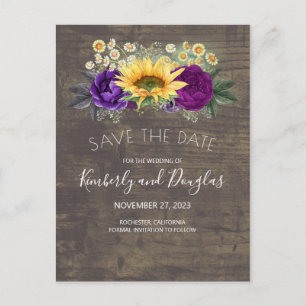 Sunflowers & Purple Rose Fall Save the Date Announcement Postcard