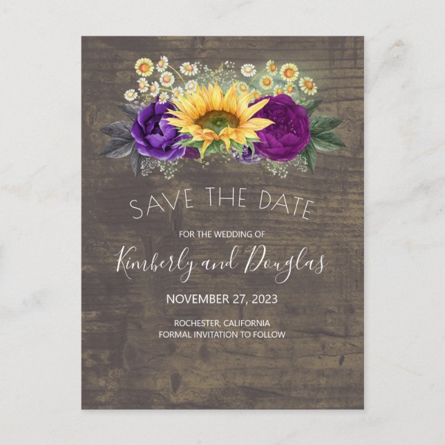 Sunflowers & Purple Rose Fall Save the Date Announcement Postcard (Front)