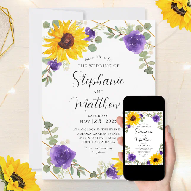 Sunflowers Purple Rose Geometric Botanical Wedding Invitation | Zazzle