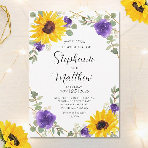 Sunflowers Purple Rose Geometric Botanical Wedding Invitation