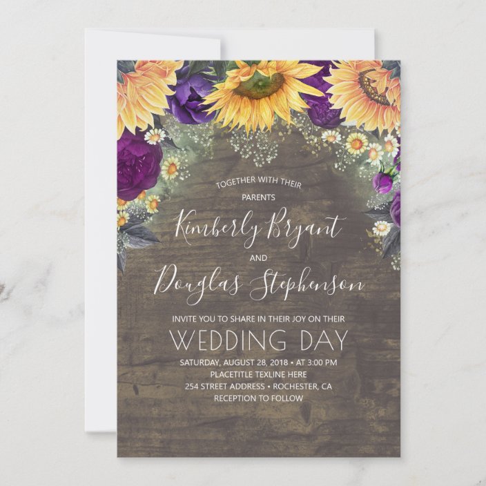 Sunflowers Purple Roses Daisies Rustic Wedding Invitation