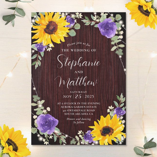 Sunflowers Purple Roses Lights Wood Wedding Invitation (Creator Uploaded)