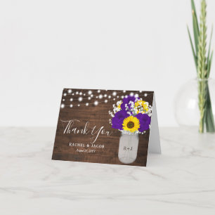 Sunflowers Purple Roses Mason Jar Photo Wedding Letterpress Thank You Card