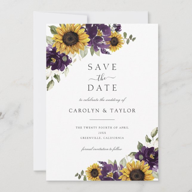 Sunflowers Purple Violet Floral Save The Date Invitation (Front)