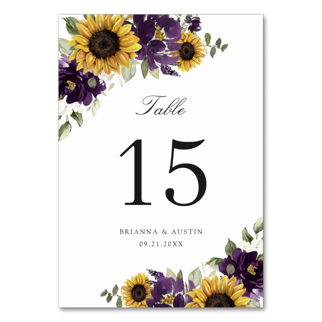 Sunflowers Purple Violet Floral Table Number (Front)
