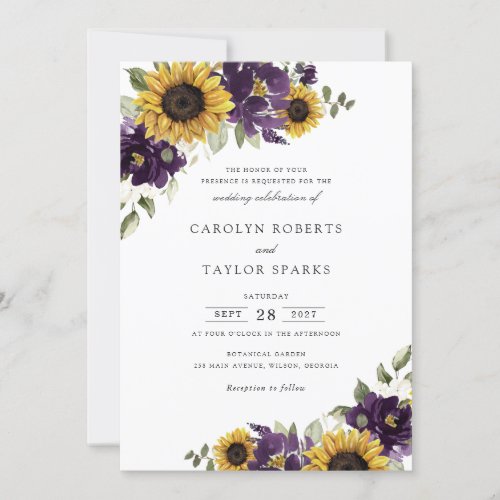 Sunflowers Purple Violet Flowers Greenery Wedding Invitation