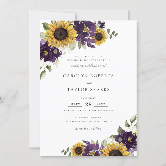 Sunflowers Purple Violet Flowers Greenery Wedding Invitation | Zazzle