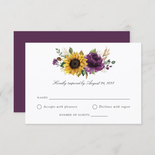 Sunflowers Purple Violet Greenery Wedding RSVP  Invitation