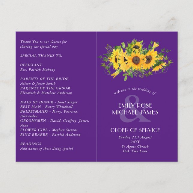 Sunflowers Purple Wedding Program or other event (Front)